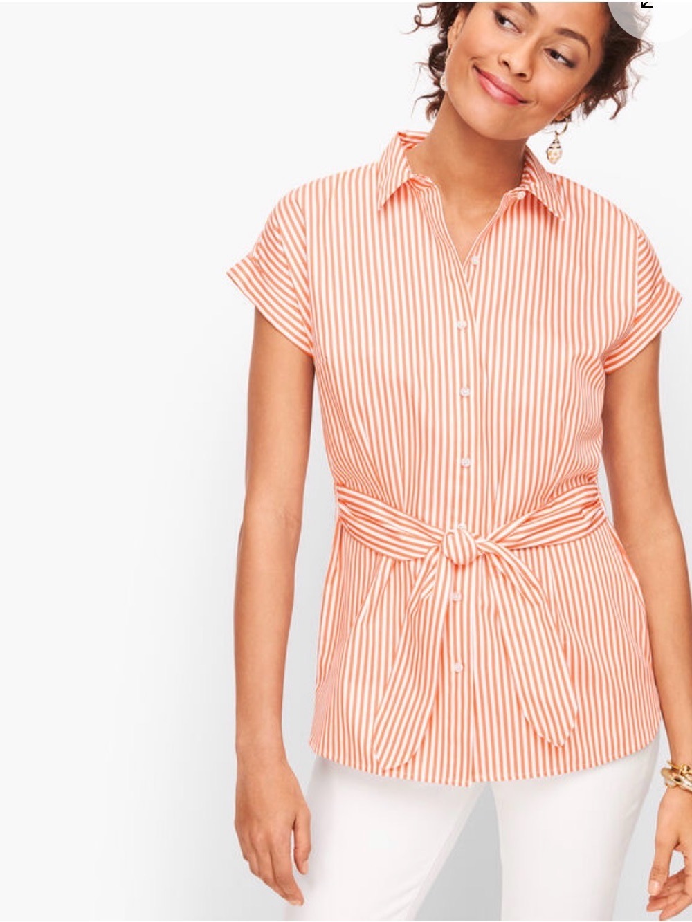 Talbots Orange White Striped Button-Front Tie Waist Blouse ptp 21.5 length 29